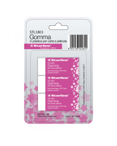 Gomma STARLINE in plastica bianca per matita con fascetta in cartoncino. Dimensioni 60x24x14mm. 
Confezione 3 pezzi.