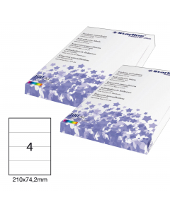 Etichette adesive bianche STARLINE utilizzabili con stampanti laser, inkjet o fotocopiatori. Adesivo permanente. Prive di margne di sicurezza lungo il perimetro. In scatola da 100 fogli formato A4. 

Caratteristiche di questo articolo:
• Codice: STL3040
•