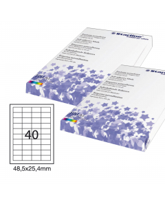 Etichette adesive bianche STARLINE utilizzabili con stampanti laser, inkjet o fotocopiatori. Adesivo permanente. Dotate di margine di sicurezza lungo tutto il perimetro. In scatola da 100 fogli formato A4. 

Caratteristiche di questo articolo:
• Codice: S