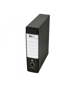 Registratore STARLINE modello StarBox, con struttura in cartone rivestita in carta goffrata stampata e risguardo bianco. Dotato di meccanismo a leva in acciaio nichelato con pressino. Custodia in fibrone nero rivestita in carta usomano. Anello di estrazio