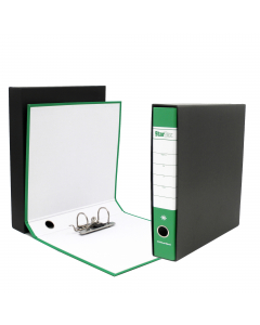 Registratore STARLINE modello StarBox, con struttura in cartone rivestita in carta goffrata stampata e risguardo bianco. Dotato di meccanismo a leva in acciaio nichelato con pressino. Custodia in fibrone nero rivestita in carta usomano. Anello di estrazio