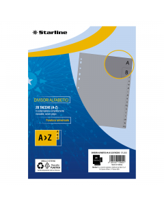 Divisori alfabetici (A-Z) Starline in polipropilene a 20 tacche, spessore 120 micron. Indispensabili per separare e contrassegnare i tuoi documenti all'interno dei raccoglitori. Perforazione universale a 11 fori che si adatta a tutti i tipi di raccoglitor