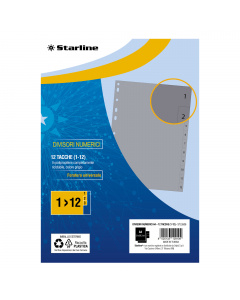 Divisori numerici (1-12) Starline in polipropilene a 12 tacche, spessore 120 micron. Indispensabili per separare e contrassegnare i tuoi documenti all'interno dei raccoglitori. Perforazione universale a 11 fori che si adatta a tutti i tipi di raccoglitori