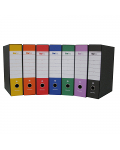 Registratore STARLINE modello StarBox, con struttura in cartone rivestita in carta goffrata stampata e risguardo bianco. Dotato di meccanismo a leva in acciaio nichelato con pressino. Custodia in fibrone nero rivestita in carta usomano. Anello di estrazio