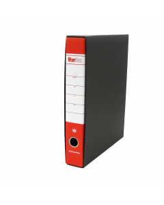 Registratore STARLINE modello StarBox, con struttura in cartone rivestita in carta goffrata stampata e risguardo bianco. Dotato di meccanismo a leva in acciaio nichelato con pressino. Custodia in fibrone nero rivestita in carta usomano. Anello di estrazio
