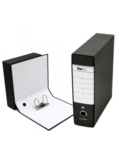 Registratore STARLINE modello StarBox, con struttura in cartone rivestita in carta goffrata stampata e risguardo bianco. Dotato di meccanismo a leva in acciaio nichelato con pressino. Custodia in fibrone nero rivestita in carta usomano. Anello di estrazio