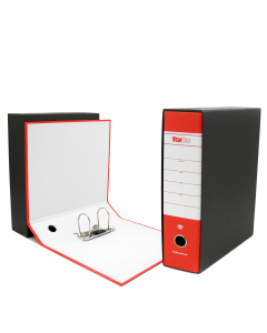 Registratore STARLINE modello StarBox, con struttura in cartone rivestita in carta goffrata stampata e risguardo bianco. Dotato di meccanismo a leva in acciaio nichelato con pressino. Custodia in fibrone nero rivestita in carta usomano. Anello di estrazio