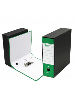 Registratore STARLINE modello StarBox, con struttura in cartone rivestita in carta goffrata stampata e risguardo bianco. Dotato di meccanismo a leva in acciaio nichelato con pressino. Custodia in fibrone nero rivestita in carta usomano. Anello di estrazio