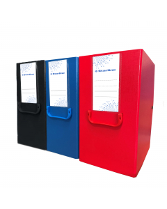 Scatole archivio Starline con maniglia in plastica in tinta. Cartone spessore 2 mm rivestito completamente in polipropilene goffrato con finitura tipo lino. 2 alette saldamente applicate su quadrante interno mediante rivetti. Anello di estrazione in accia