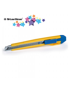 Cutter con impugnatura in ABS e guida in acciaio inossidabile. Dotato di sistema di autobloccaggio della lama a scatto (auto-lock). Fornito di 2 lame di ricambio inserite nel fusto del taglierino. Larghezza lama: 9 mm. Lunghezza: 8 cm. Confezionato in bli
