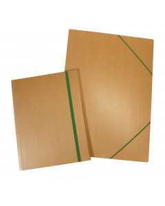 Cartella ECO Starline di grande formato con elastico piatto. Realizzata in cartone indeformabile sp.1,5mm colore avana certificato FSC. Piega e cordonatura centrale a spessore variabile. 2 alette saldate sul quadrante interno mediante 2+2 rivetti. Chiusur