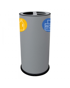 Contenitore tondo 3 scomparti con 4 pittogrammi per raccolta differenziata magnetici in acciaio verniciato. Dimensioni: Ø35xH72cm.