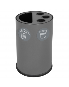 Contenitore per raccolta bicchieri,palette e rifiuti da interno, cover a tre fori con tubi rigidi Ø int 92 mm per impilaggio bicchieri da 200 a 500 cc e uno scomparto (50Lt) per raccolta rifiuti separatamente dai bicchieri. Pratico tondino reggisacco ad i