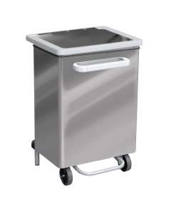 Contenitore a pedale per raccolta rifiuti totalmente in acciaio con svuotamento frontale. Fornito montato. Dimensione: 47x37xH70cm - 70L. Haccp.