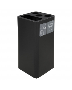 Contenitori da 100Lt per raccolta bicchieri, palette e rifiuti da interno, cover a tre fori con tubi rigidi Ø int. 92mm per impilaggio bicchieri da 200 a 500 cc e uno scomparto (50Lt.) per raccogliere i rifiuti separamente dai bicchieri. Pratico tondino r