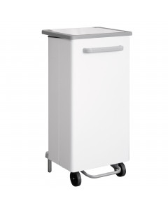 Contenitore a pedale per raccolta rifiuti totalmente in acciaio con svuotamento frontale. Fornito montato. Dimensione: 47x37xH96cm - 110L. Haccp.