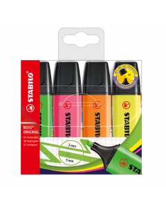 Busta 4 colori assortiti.
Classica forma appiattita antirotolamento. Inchiostro fluido a base d'acqua. Tecnologia  Anti-Dry-Out: resiste 4 ore senza cappuccio. Punta scalpello con tratto da 2 a 5mm.