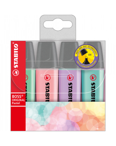 Astuccio 4 colori assortiti. Evidenziatore stabilo boss pastel. Nuovi colori pastello per completare una gamma di successo. Per chi ama evidenziare con colori più delicati e alla moda. Doppia ampiezza di tratto 2+5mm. La punta non secca per 4 ore.