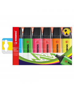 Busta 6 colori assortiti.
Classica forma appiattita antirotolamento. Inchiostro fluido a base d'acqua. Tecnologia  Anti-Dry-Out: resiste 4 ore senza cappuccio. Punta scalpello con tratto da 2 a 5mm.
