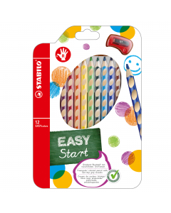 Pastelli colorati ergonomici. La forma triangolare e le scanalature presenti su tutto il fusto, favoriscono un'impugnatura naturale e antiscivolo. Fondello rosso per destromani. Su ogni matita è previsto lo spazio per scrivere il proprio nome. Il marchio 