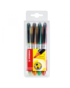 Busta 4 colori assortiti. Modello tascabile con clip. Impugnatura morbida. Indicatore del livello d'inchiostro. 2 ampiezze di tratto 1-4mm. Inchiostro a base d'acqua. Per carta normale, da fotocopie e fax. Resiste fino a 4 ore senza cappuccio.