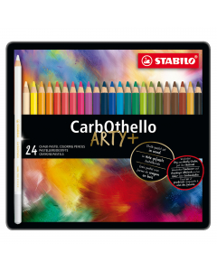 Astuccio in metallo Stabilo contenente 24 matite colorate Carbothello, mina carboncino dal tratto secco e polveroso, utilizzabili sia a secco, sia in miscela. Spessore del tratto 4,4mm, intensa luminosità ed opacità, molto resistente a luce ed urti.