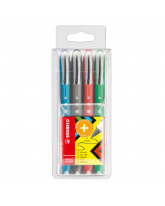 Astuccio da 4 colori: nero, blu, rosso, verde. 
Roller ad inchiostro liquido. Punta indistruttibile. Fusto in morbida gomma antiscivolo nel colore dell'inchiostro. 
Punta 0,5mm.