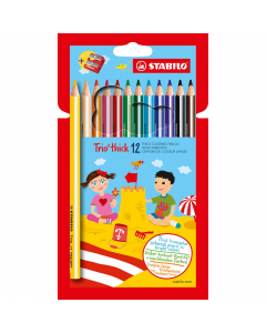 Astuccio in cartone completo di temperino con matite colorate in legno con fusto triangolare, ergonomico adatta ai bambini. Mina grande ed indistruttibile da 4,2mm. Ricca pigmentazione di colore.