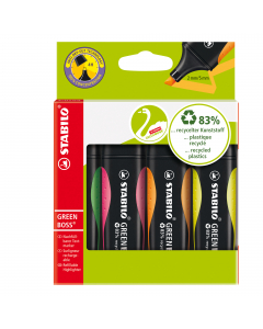 Astuccio 4 colori. Prodotto con l' 83% di plastica riciclata. Evidenzia per circa 375mt. Inchiostro a base acquosa. Tecnologia Anti-Dry-Out. Due ampiezze di tratto 2-5mm.
