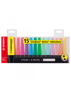 Busta 15 colori assortiti.
Classica forma appiattita antirotolamento. Inchiostro fluido a base d'acqua. Tecnologia  Anti-Dry-Out: resiste 4 ore senza cappuccio. Punta scalpello con tratto da 2 a 5mm.