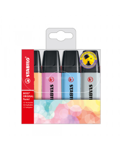 Evidenziatore stabilo boss pastel. Nuovi colori pastello per completare una gamma di successo. Per chi ama evidenziare con colori più delicati e alla moda. Doppia ampiezza di tratto 2+5mm. Tecnologia Stabilo Anti-Dry-Out: resiste fino a 4 ore senza cappuc