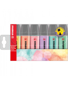 Busta 6 evidenziatori. Evidenziatore stabilo boss pastel. Nuovi colori pastello per completare una gamma di successo. Per chi ama evidenziare con colori più delicati e alla moda. Doppia ampiezza di tratto 2+5mm. La punta non secca per 4 ore.