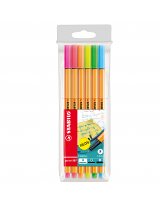 Astuccio 6 colori neon.
Punta in feltro con rinforzo in metallo per garantire una grande resistenza. Cappuccio ventilato antisoffocamento. Lunga durata anche senza cappuccio. Ideale per lavori con riga , fotocopie e stancils.
Tratto da 0,4mm.
