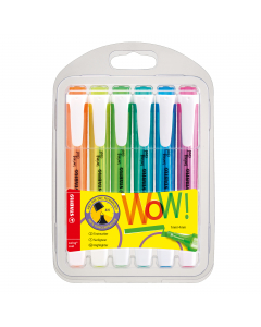 Astuccio 6 colori: arancio, giallo, verde, turchese, azzurro, rosa.
Inchiostro a base d'acqua. Fusto "salva-spazio" trasparente nel colore dell'inchiostro, pratica clip. Impugnatura opaca e antiscivolo. 
Cappuccio ventilato antisoffocamento. 
Tecnologia A