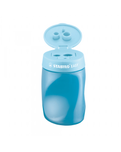 Temperamatite a 3 fori con il serbatoio ergonomico XXL ideale sia per le matite Easycolors, Easygraph, portamine Easyergo 3.15 e qualsiasi altro tipo di matita in legno. Colore blu, disponibile in versione per destrimani.