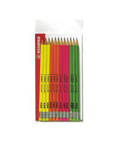 Matite in grafite dal fusto fluorescente nei colori assortiti giallo, arancio, fucsia e verde con gommino nello stesso colore.
Gradazione HB , tratto 2,5 mm, confezione 12 pezzi.