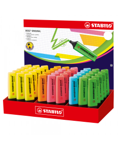 Espositore da banco con 45 evidenziatori in 6 colori assortiti. Dimensione LxPxA: 28x14x25cm