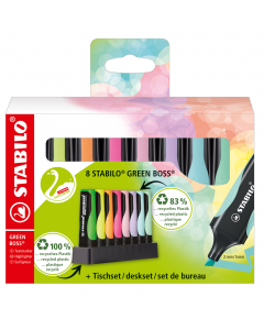 Prodotto con l' 83% di plastica riciclata. Evidenzia per circa 375mt. Inchiostro a base acquosa. Tecnologia Anti-Dry-Out. Due ampiezze di tratto 2-5mm. 
Astuccio in cartone 100% riciclato.