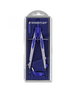 Compasso scolastico a frizione. Apertura rapida con tasti e regolazione micrometrica tramite vite centrale. Aste articolate. Per cerchi fino a ø360mm. Astuccio a cerniera contenente innesto universale e mine di ricambio.