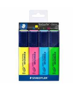 Busta 4 colori (giallo, fucsia, azzurro, verde). Evidenziatore TEXTSURFER CLASSIC. Inchiostro pigmentato lunga durata. Sistema INKJET SAFE. Asciugatura rapida. Cappuccio girevole per facile apertura dotato di clip. Ideale per carta, fax e copy. Punta scal