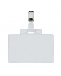 Porta nomi in PVC trasparente, alto spessore, completi di pinzette in metallo e cartoncini. Adatti a congressi, riunioni, visite guidate. Apertura lato corto (laterale). Formato 95x60 mm.