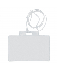 Porta nomi in PVC trasparente, alto spessore, completi di cordoncini in plastica e cartoncini. I cordoncini sono a norme di sicurezza anti soffocamento. Adatti a congressi, riunioni, visite guidate. Inserimento del cartoncino dal lato corto. Formato 95x60
