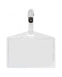 Porta nomi in PP  buccia completi di pinzette in metallo (a pinza), senza cartoncino. Apertura lato corto (laterale). Adatti a congressi, riunioni, visite guidate. Formato 95x60mm.
