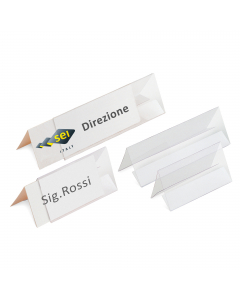 Porta nomi da tavolo in PVC rigido di alto spessore con foglio di etichette stampabili o scrivibili. Adatti a convegni, riunioni, congressi, segna prezzi, targhette identificative. Per mettere sul tavolo nomi e altre informazioni essenziali.