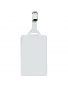 Porta nomi in PVC trasparente, alto spessore, completi di pinzette in metallo e cartoncino (inserimento lato corto) Adatti a congressi, riunioni, visite guidate. Formato contenuto 55x85mm.
