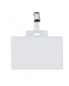 Porta nomi in PVC trasparente, alto spessore, completi di pinzette in metallo e cartoncini. Adatti a congressi, riunioni, visite guidate. Il cartoncino si inserisce dal lato corto. Formato 110x70mm.