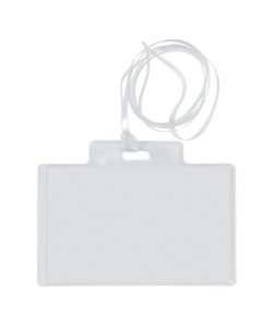 Porta nomi in PVC trasparente, alto spessore, completi di cordoncini in plastica e cartoncini. I cordoncini sono a norme di sicurezza anti soffocamento. Adatti a congressi, riunioni, visite guidate. Inserimento del cartoncino dal lato corto. Formato 95x60