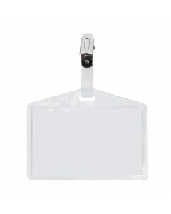 Porta nomi in PP a buccia completi di pinzette in metallo (a pinza), ma senza cartoncino. Apertura lato corto (laterale) Adatti a congressi, riunioni, visite guidate. Formato 95x60mm.