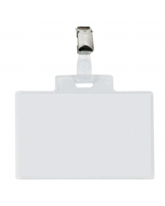 Porta nomi in PVC trasparente, alto spessore, completi di pinzette in metallo e cartoncini. Adatti a congressi, riunioni, visite guidate. Il cartoncino si inserisce dal lato corto. Formato 110x70mm.