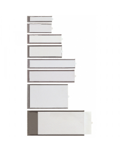 Porta etichette autoadesive in PVC trasparente con fondo grigio ed etichette intercambiabili. Facili da applicare su cassetti, ripiani, scatole, raccoglitori, valige, barattoli e bottiglie. Formato 24x88mm.